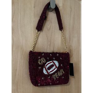 Hand Made in India Maroon “Go Team” Beaded Football Shoulder Bag NWT